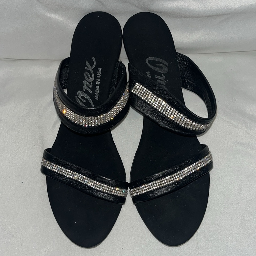 Onex cicely womens sandals 2 strap rhinestone lined size 37 US 6 Black - Picture 2 of 7